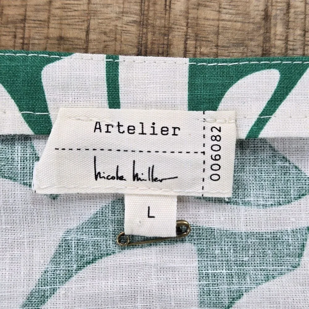 Nicole Miller Artelier Linen Crop Tank Top L Green White Leaf Print Women’s - Picture 10 of 11